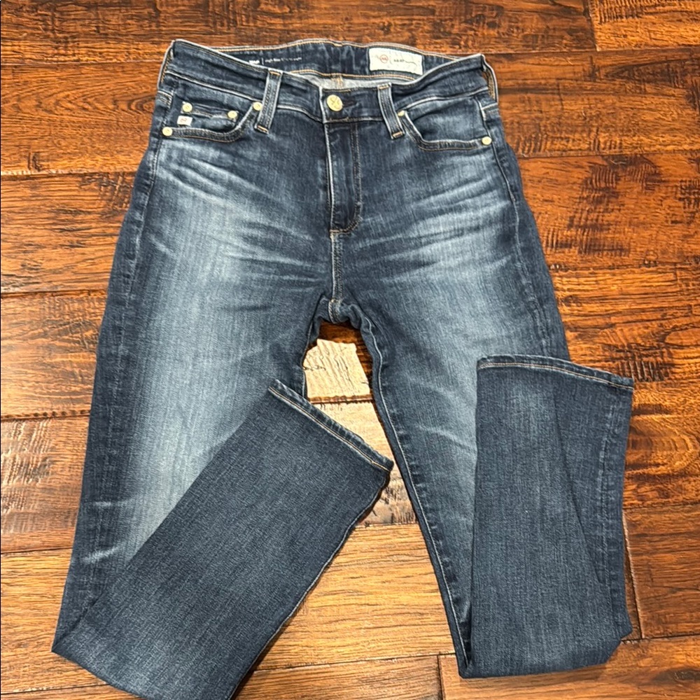 Ag Adriano Goldschmied High Rise Blue Jeans with Distressed Finish
